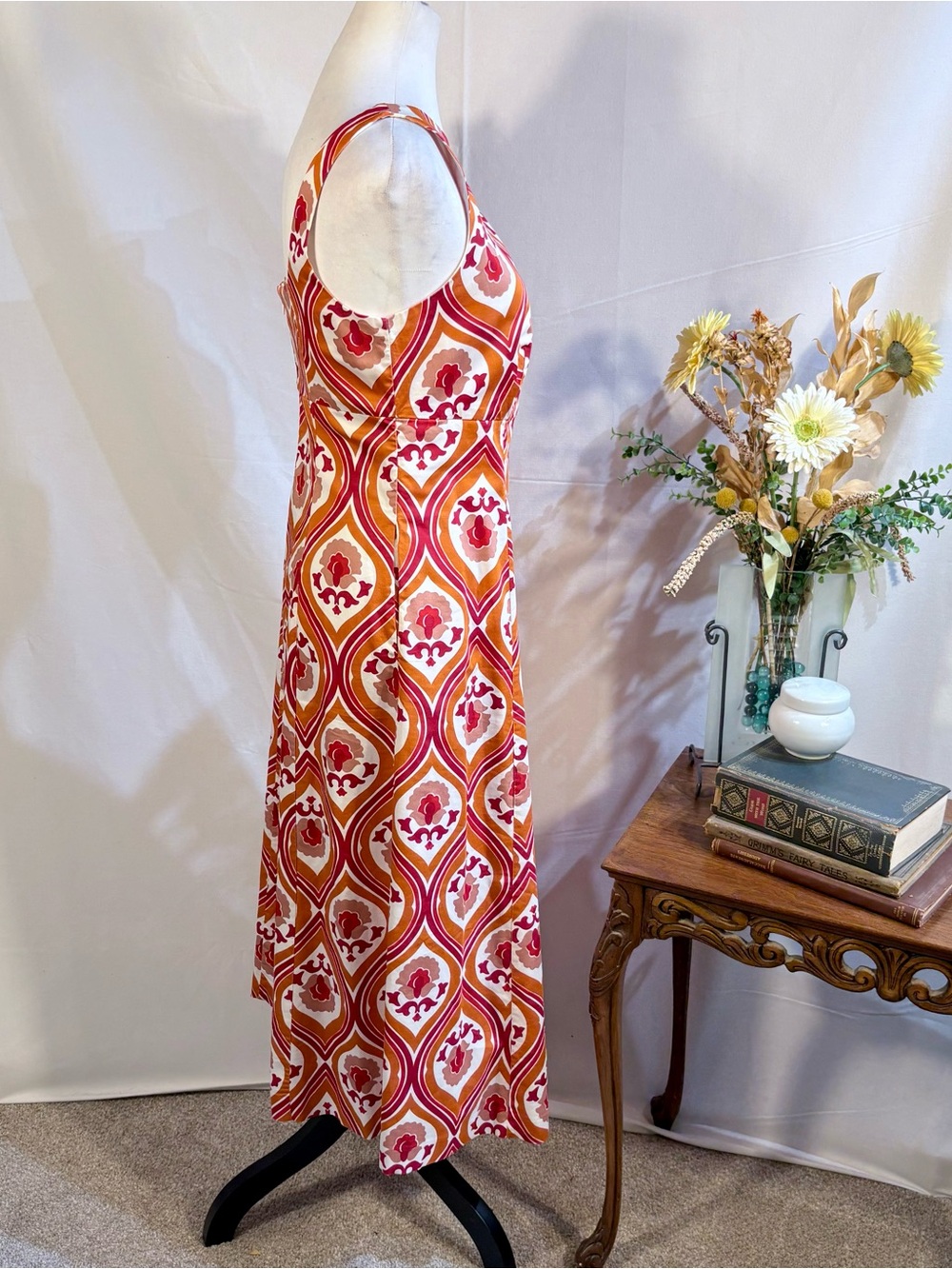 Boden Slash Neck Midi Dress Kumquat, Geo Cascade Pockets Stretch Cotton 8🧡 - Picture 3 of 9